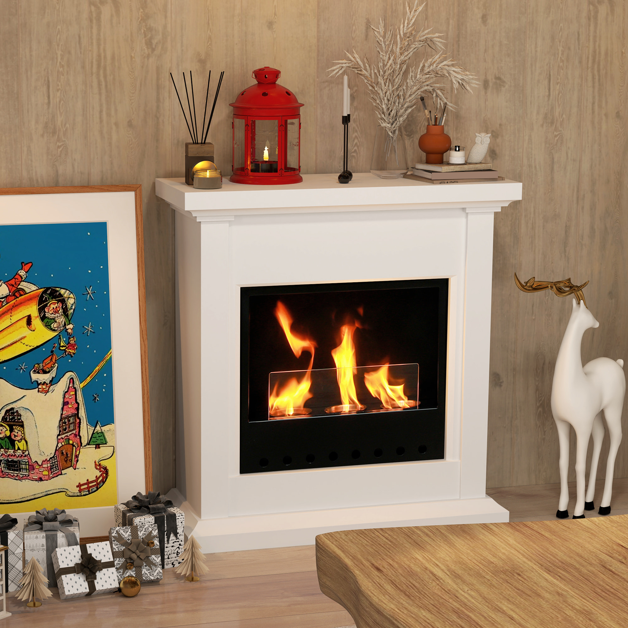 Chimenea de Bioetanol Estufa de Bioetanol de Pie con Tanque de 1,2 L Apagallamas de Acero Inoxidable Tiempo de Combustión 3H para Interiores 16-18 m² 63,5x24x66 cm Blanco