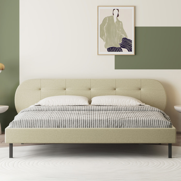 RENO Lit capitonné 160x200cm beige avec tête de lit et sommier