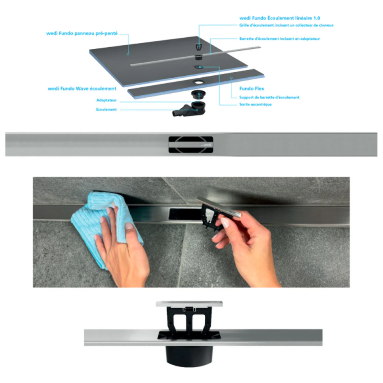 Pack receveur de douche pré-penté 164 x 120 x 3,5 cm WEDI Fundo Flex bois +bonde horizontale+écoulement+support+colle+kit étanche