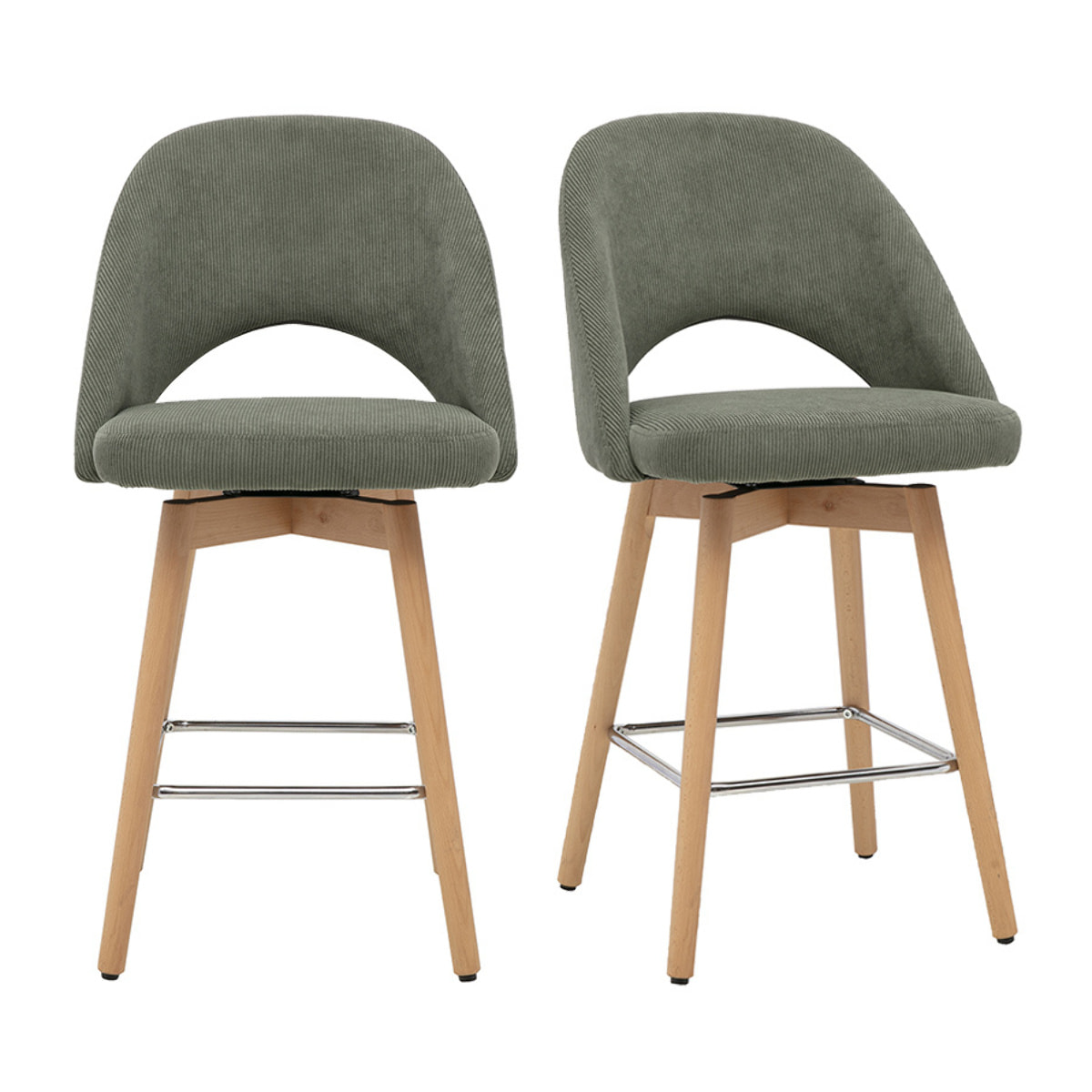 Tabourets de bar scandinaves en tissu velours côtelé vert kaki et hévéa massif 65 cm (lot de 2) COSETTE