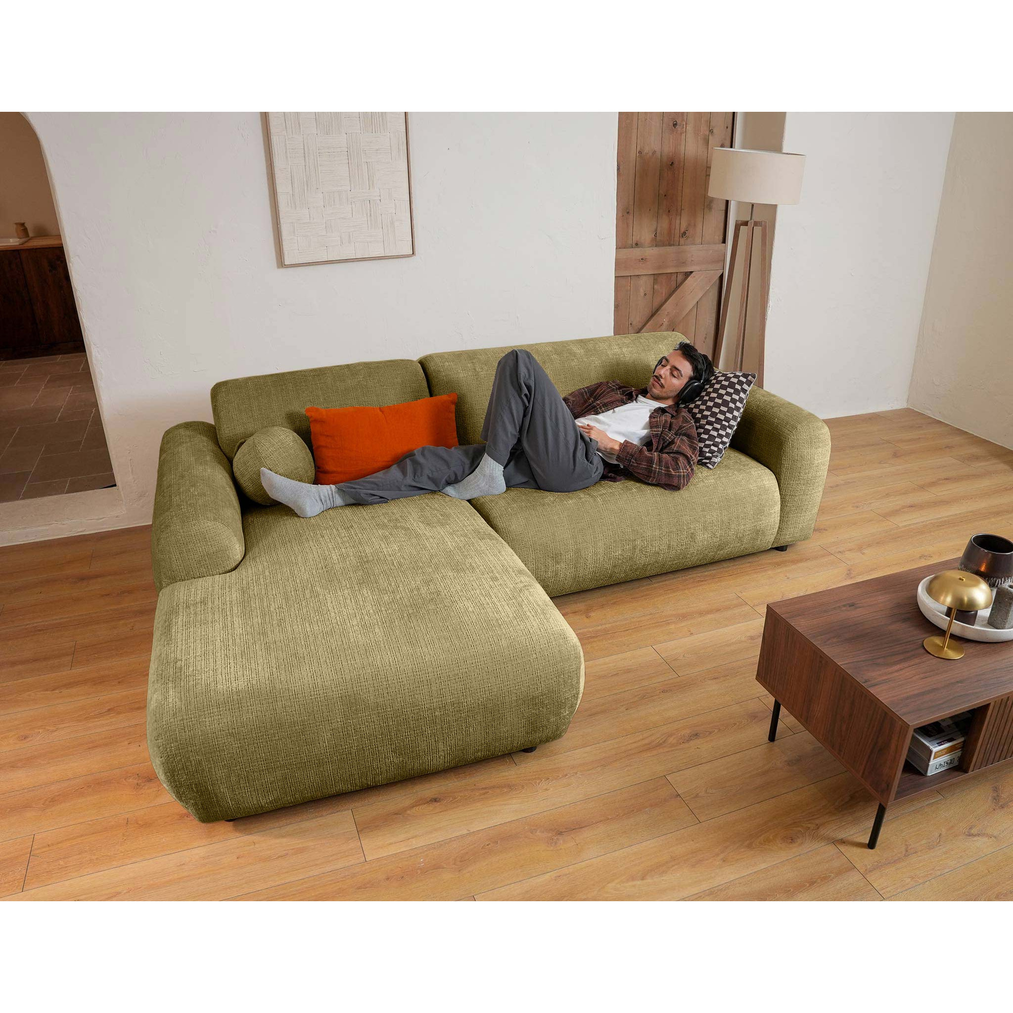 Louise - Canapé d'angle gauche 4 places en velours texturé - Vert Kaki