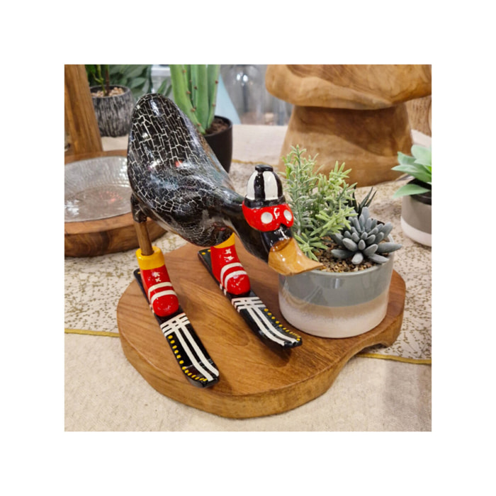 Statuette décorative Canard Skieur en Bois de Teck H. 18 cm – DAMAS