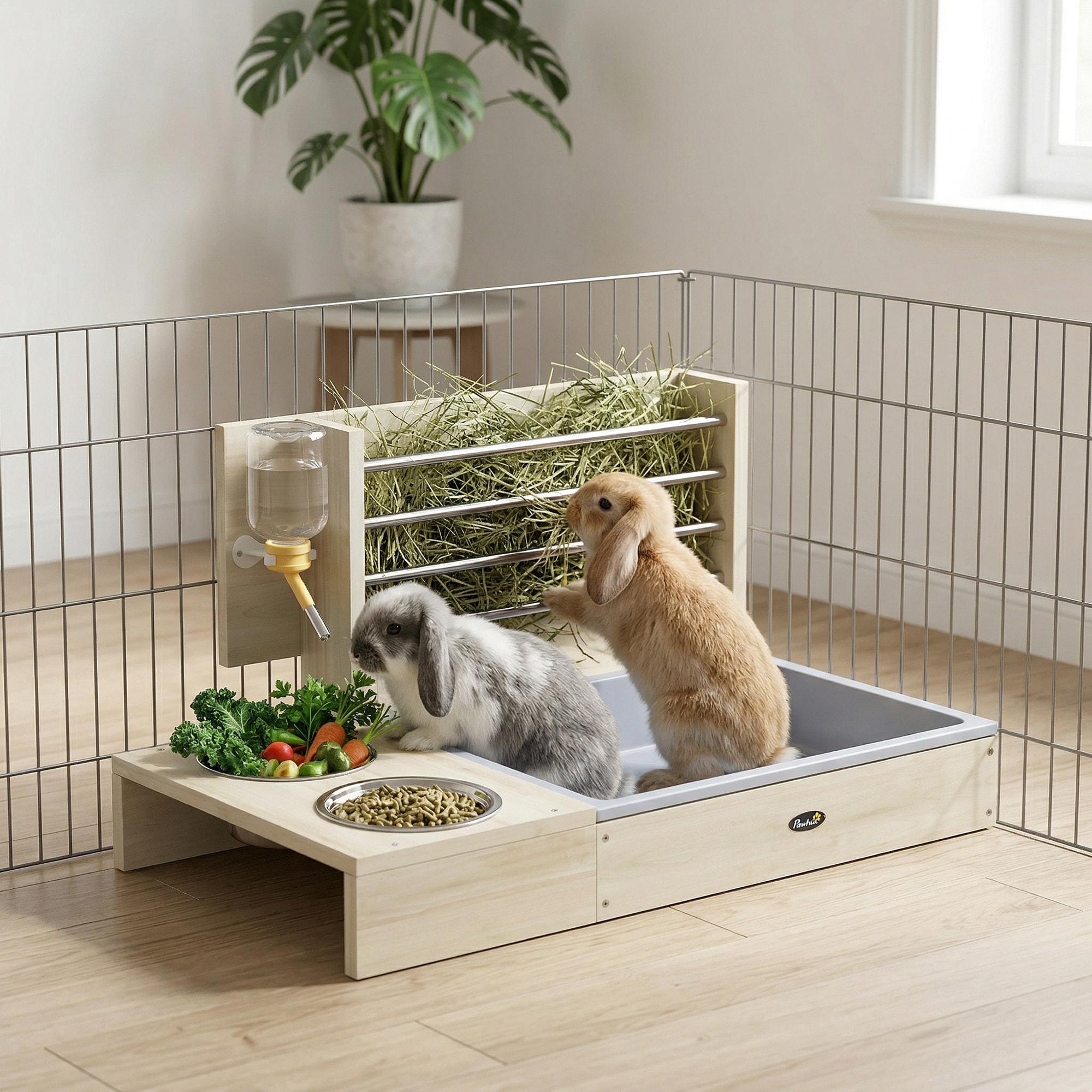 Station mangeoire 3 en 1 pour lapins et cochon d'Inde - râtelier à foin - bois naturel