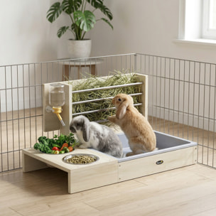 Station mangeoire 3 en 1 pour lapins et cochon d'Inde - râtelier à foin - bois naturel