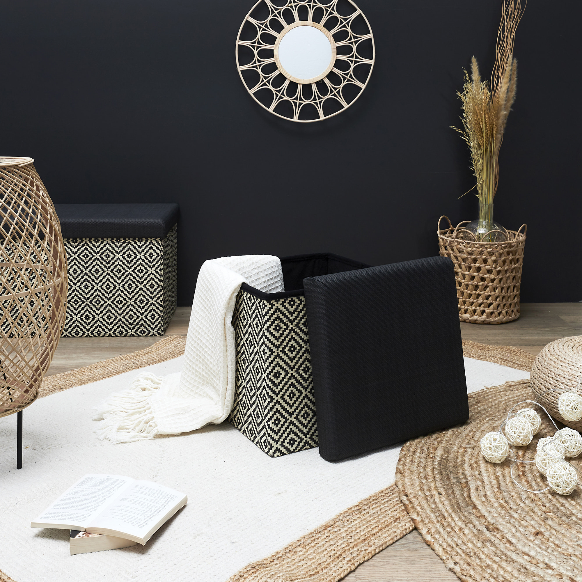 Coffre Pouf Pliable Tresse Noir