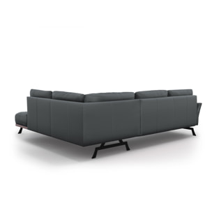Canapé d'angle droit convertible "Olivier" 5 places en cuir véritable bleu gris