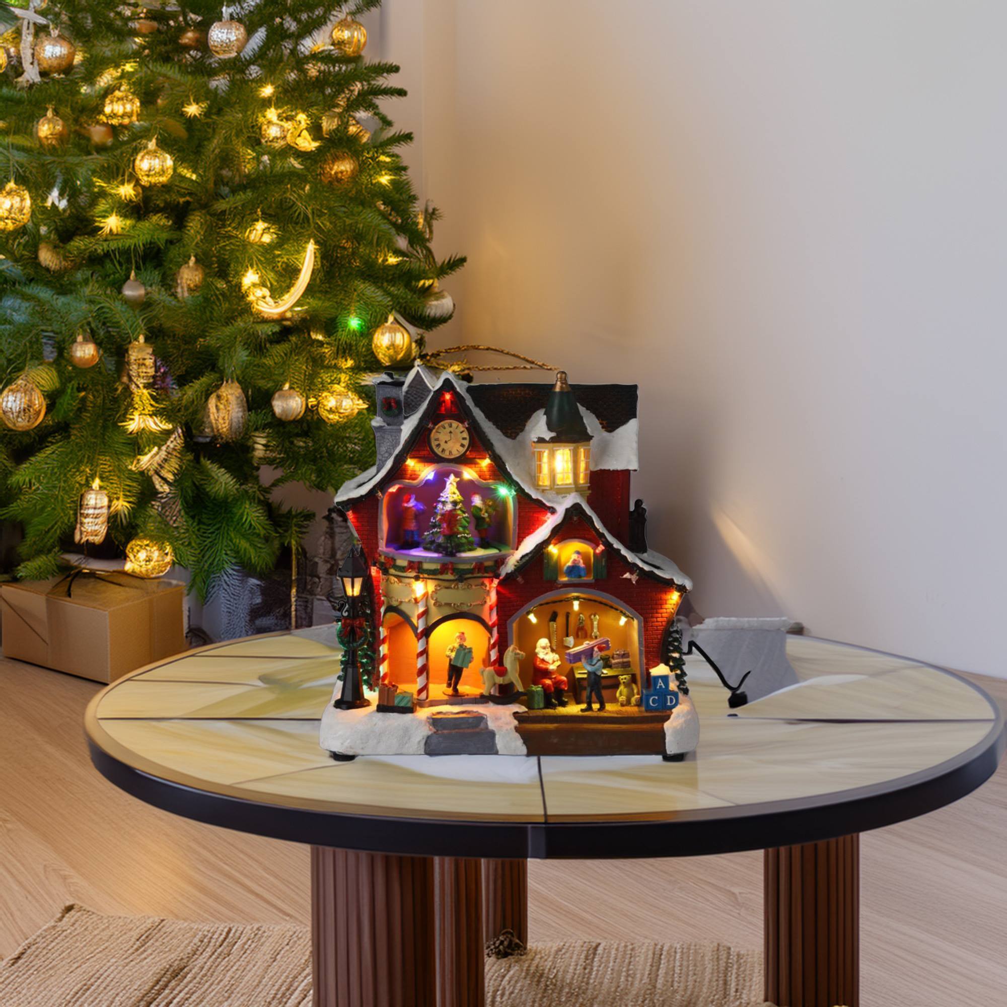 decoración navideña del taller de papá noel con 31 luces led y música 26,5x16,5x27,5cm