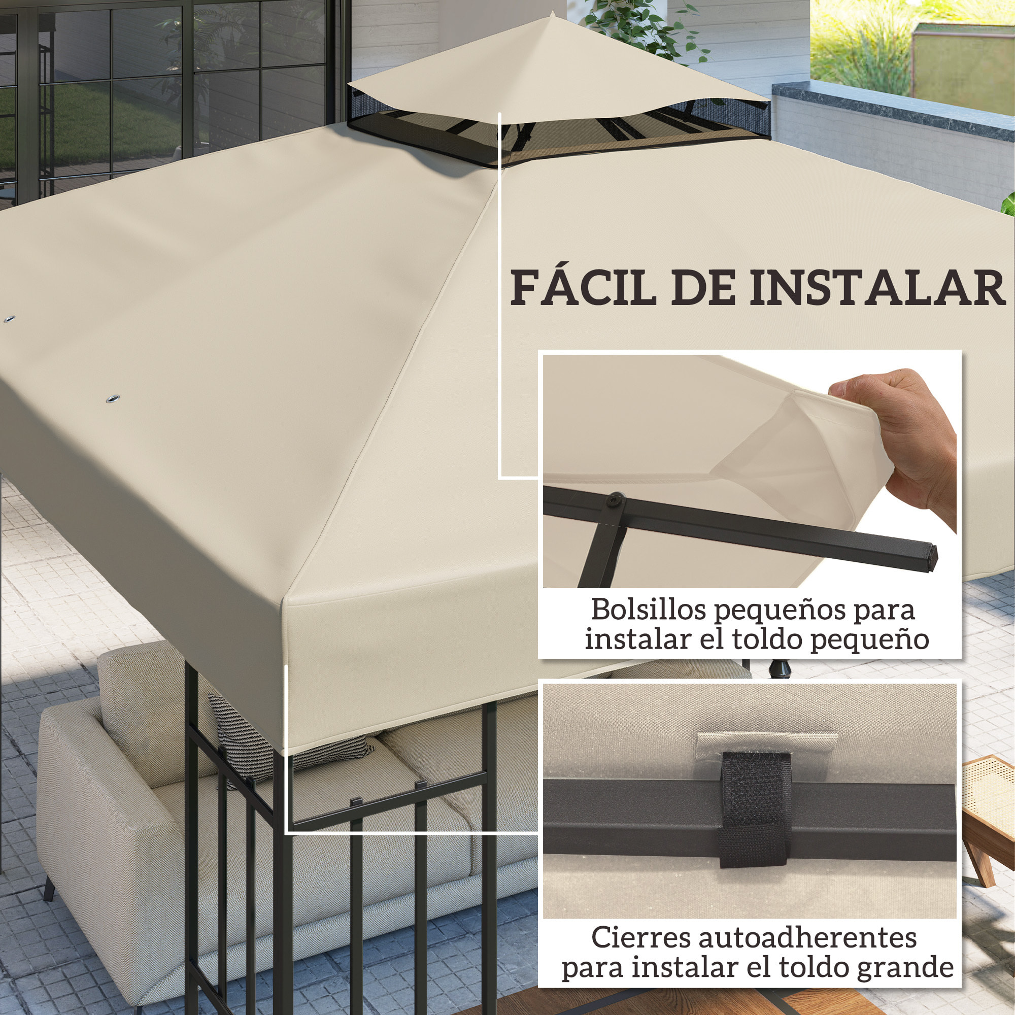 Techo de Repuesto para Cenador 3x3 m Cubierta de Repuesto 370g/㎡ con Techo Doble con Mosquitera Protección UV 30+ Toldo de Recambio para Pabellón Gazebo Crema