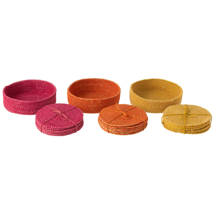 J-Line dessous de verre 6 Pieces - jonc de mer - rose/orange/jaune - 3 pièces