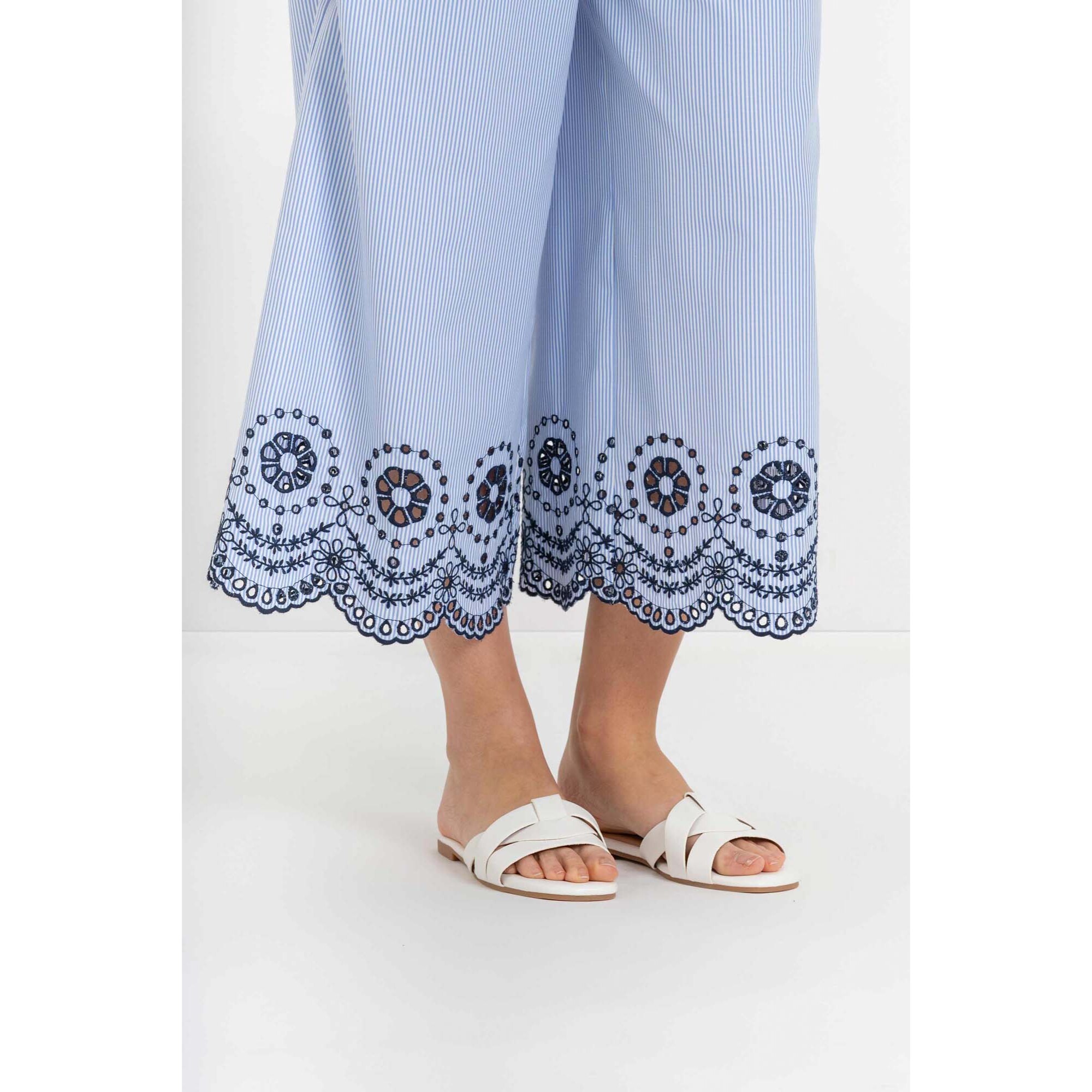 Kocca - Pantaloni da donna a palazzo gessati con orlo ricamato Donna