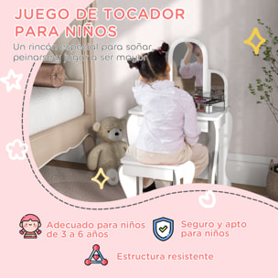Tocador Infantil con Taburete y Espejo, Tocador para Niñas con Cajón, Mesa de Maquillaje para Niños y Niñas de 3-6 Años, Blanco
