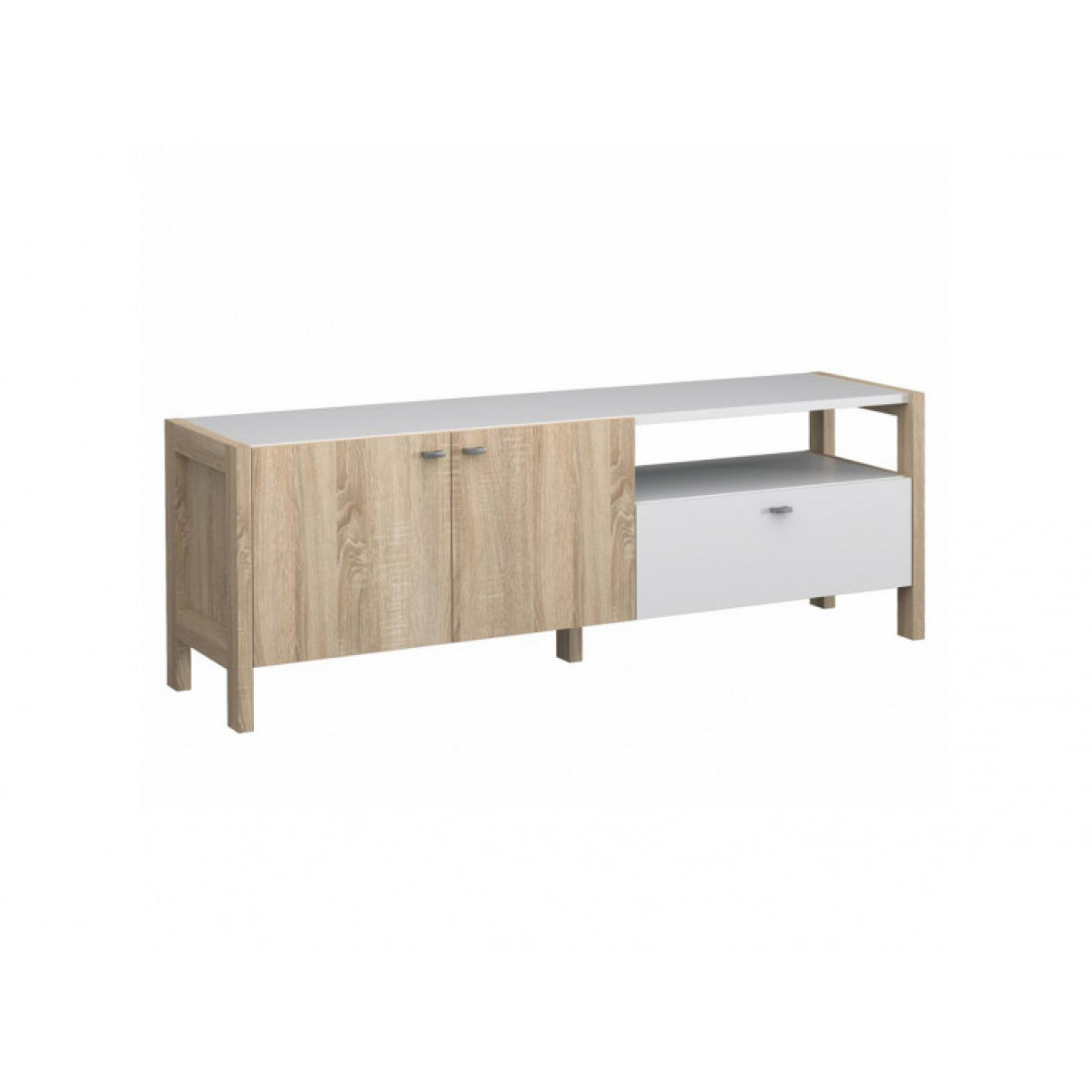 Meuble TV moderne en bois effet chêne et blanc avec rangements - VIK