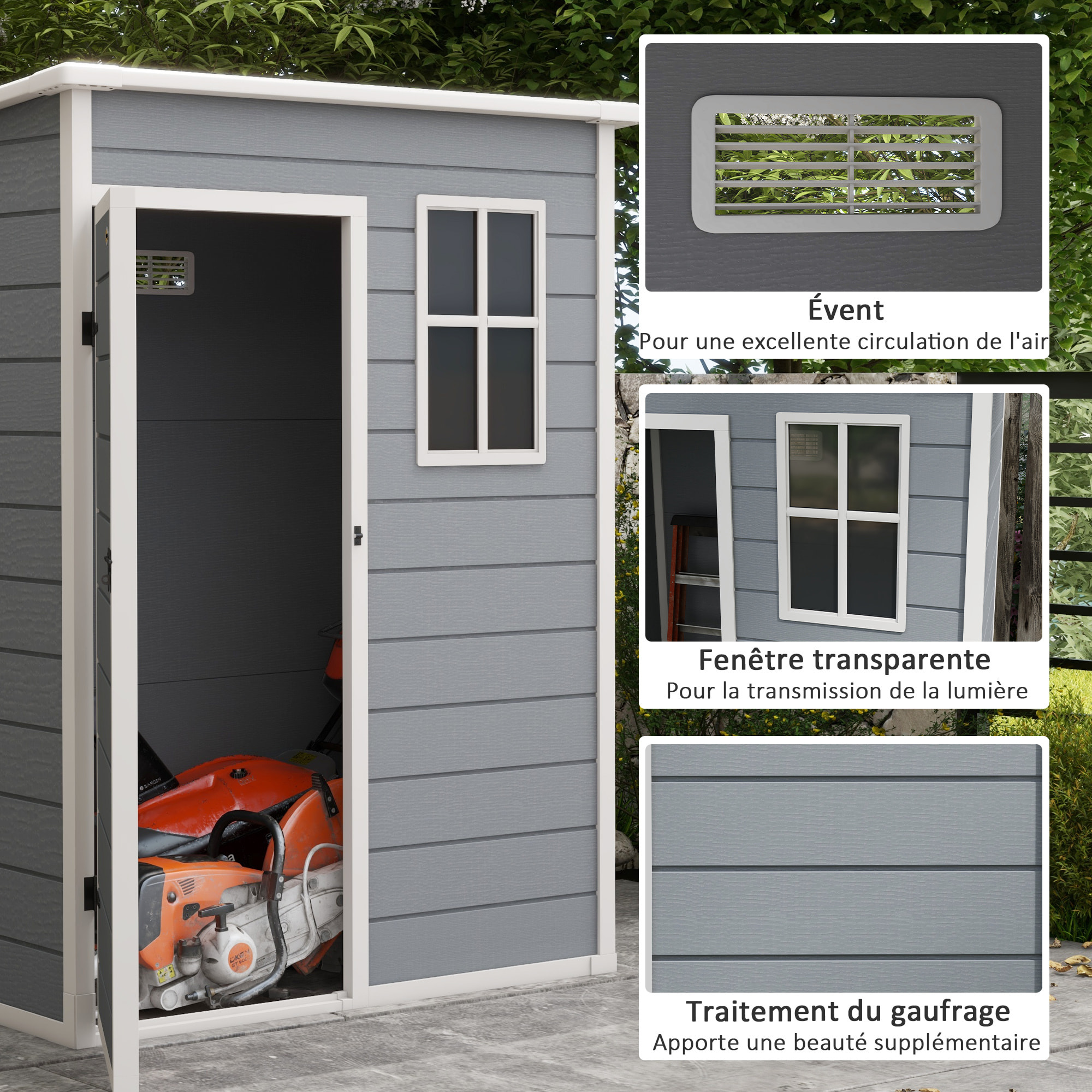 Abri de jardin - remise pour outils - cabanon porte verrouillable, fenêtre - dim. 151L x 92l x 193H cm - alu PP gris blanc