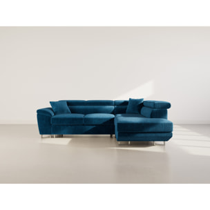 Baoji - Canapé d'angle droit 5 places convertible avec têtières et coffre en velours côtelé - Bleu