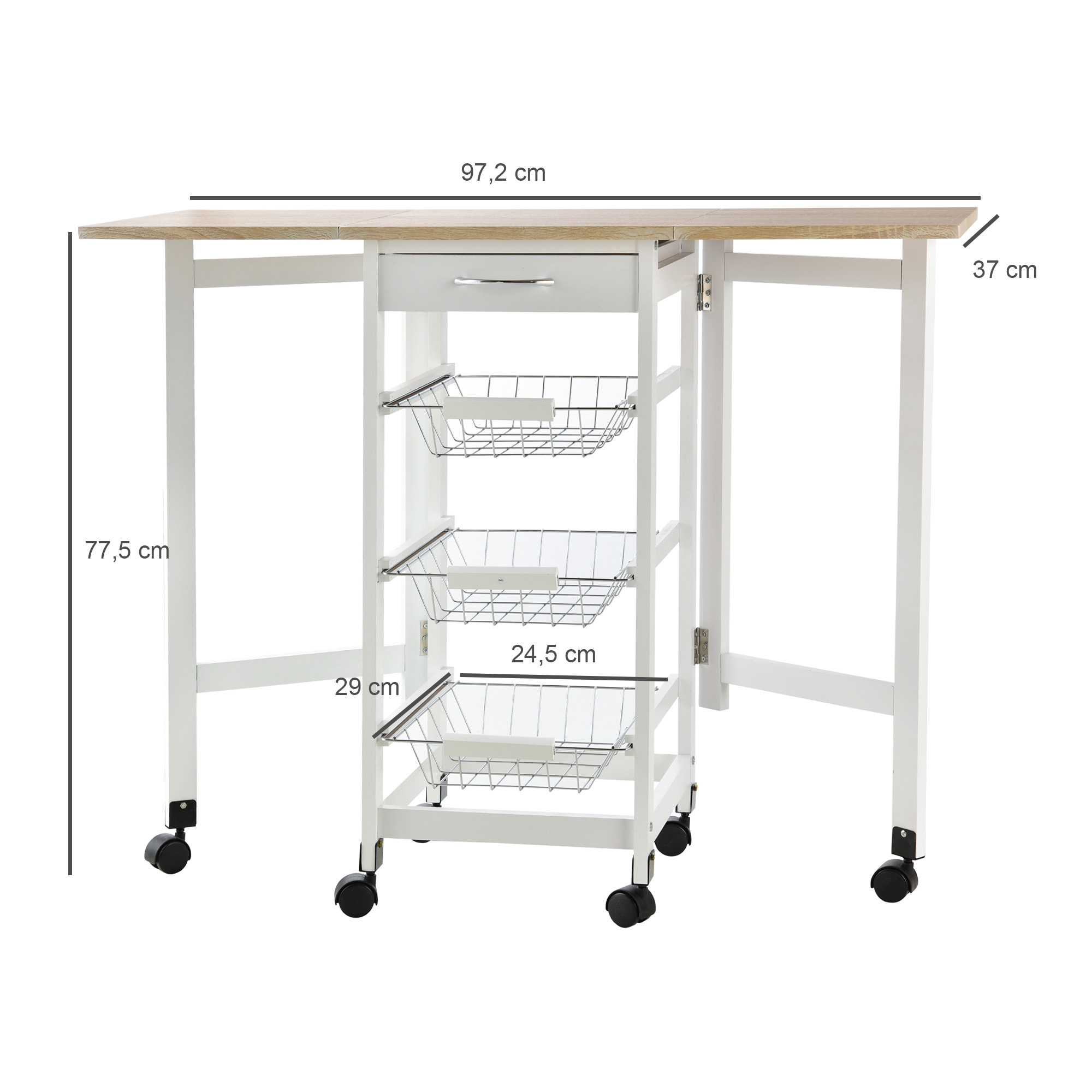 Desserte de cuisine 3 paniers métal + tiroir + rallonges MDF blanc chêne clair