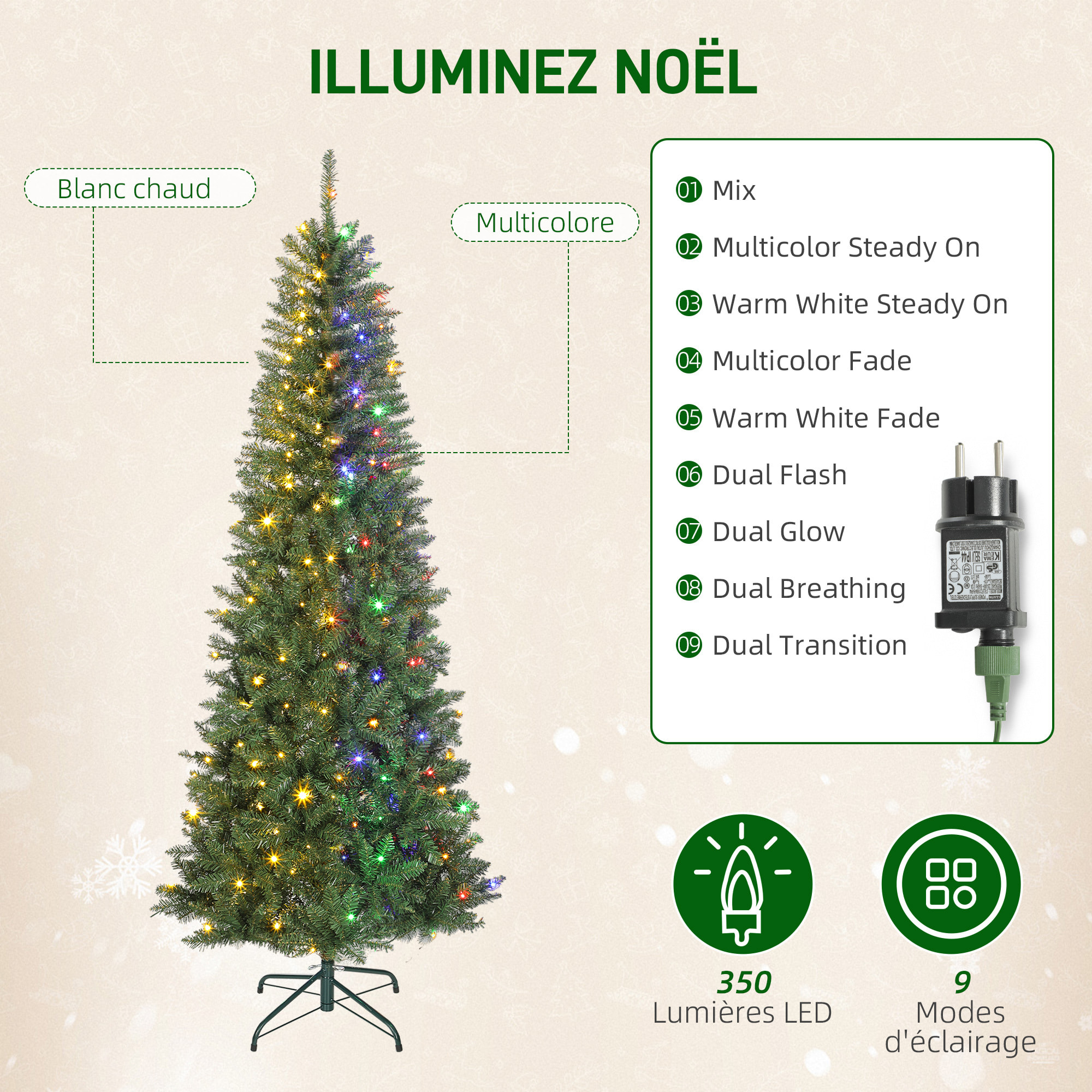 Sapin de Noël artificiel LED x 350 blanc chaud ou multicolore 9 modes H.210 cm 1273 branches support vert