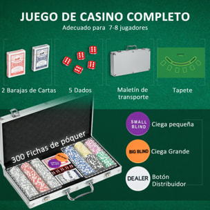Juego de Póker Profesional, Maletín de Póker de Aluminio con 300 Fichas de 11,5 g, 2 Barajas de Cartas, 5 Dados, Tapete y Botón de Crupier, para 7-8 Jugadores con Cerradura, Plateado