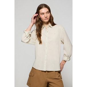 Camicia beige loose fit in lino e cotone con ricamo monogramma