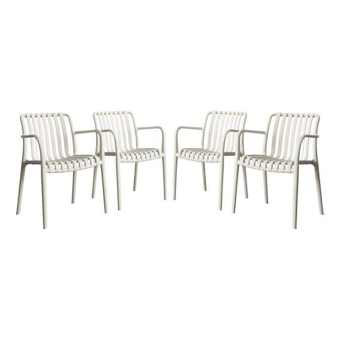Lot de 4 fauteuils de jardin en plastique beige. empilables. design linéaire