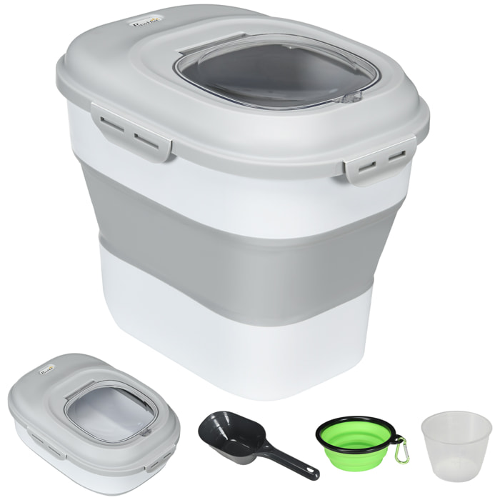 Conteneur à croquettes pour chiens et chats pliable 25L - roulettes, tasse, bol, cuillère - gris