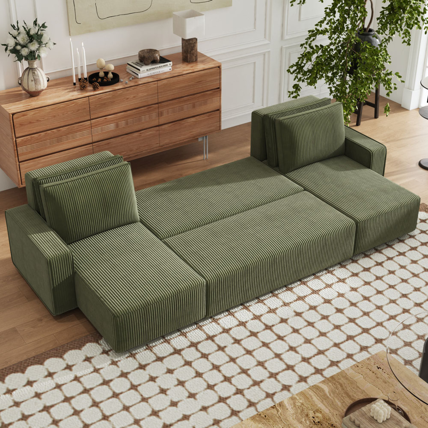 LUBEC Canapé panoramique convertible 6 places avec coffre en velours côtelé vert