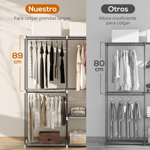 Armario de Ropa, Perchero, 142x43x185 cm, Armario Abierto con 4 Estantes de Tela, 3 Barras para Colgar, Marco de Metal, para Dormitorio, Salón, Vestidor, Gris Claro