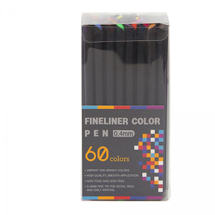 Set di 60 penne professionali COLOR FINELINER punta fine 0,4 mm. Colori definiti e brillanti per contorni, illustrazioni, mandala...