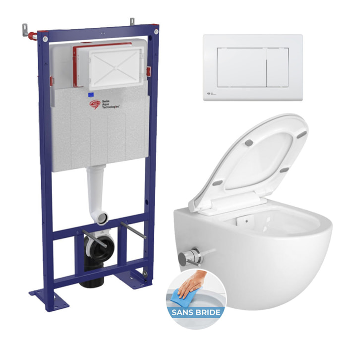 Pack WC bâti-autoportant + WC sans bride SAT Infinitio avec fonction bidet thermostatique + Abattant softclose + Plaque blanche
