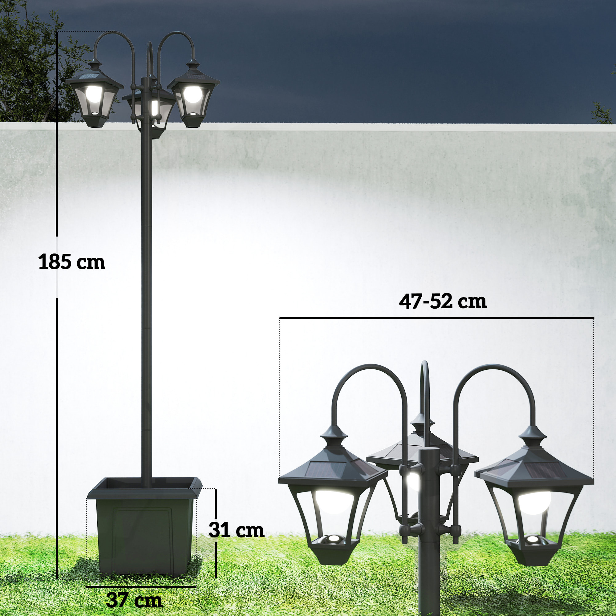 Lampadaire extérieur 3 têtes LED avec bac à fleurs noir