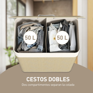 Cesto de Ropa Sucia con Tapa 100L Cesta Colada de Bambú con 2 Compartimentos Bolsa Interior Extraíble para Lavandería Dormitorio 52x32x63 cm Natural