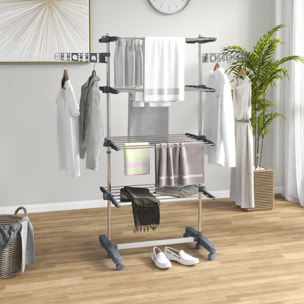 HOMCOM Tendedero Vertical Plegable Tendedero de Ropa con 6 Ruedas 2 Laterales Abatibles Estantes Ajustables y Marco de Acero Inoxidable para Interior y Exterior Gris y Plata