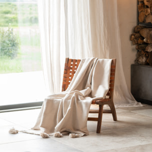 Grand plaid canapé en laine à pompons - Crème