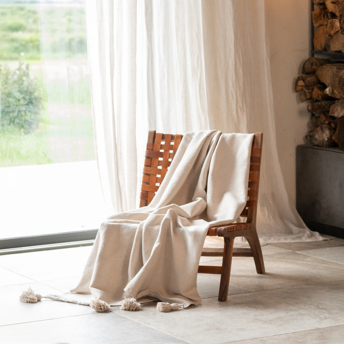 Grand plaid canapé en laine à pompons - Crème