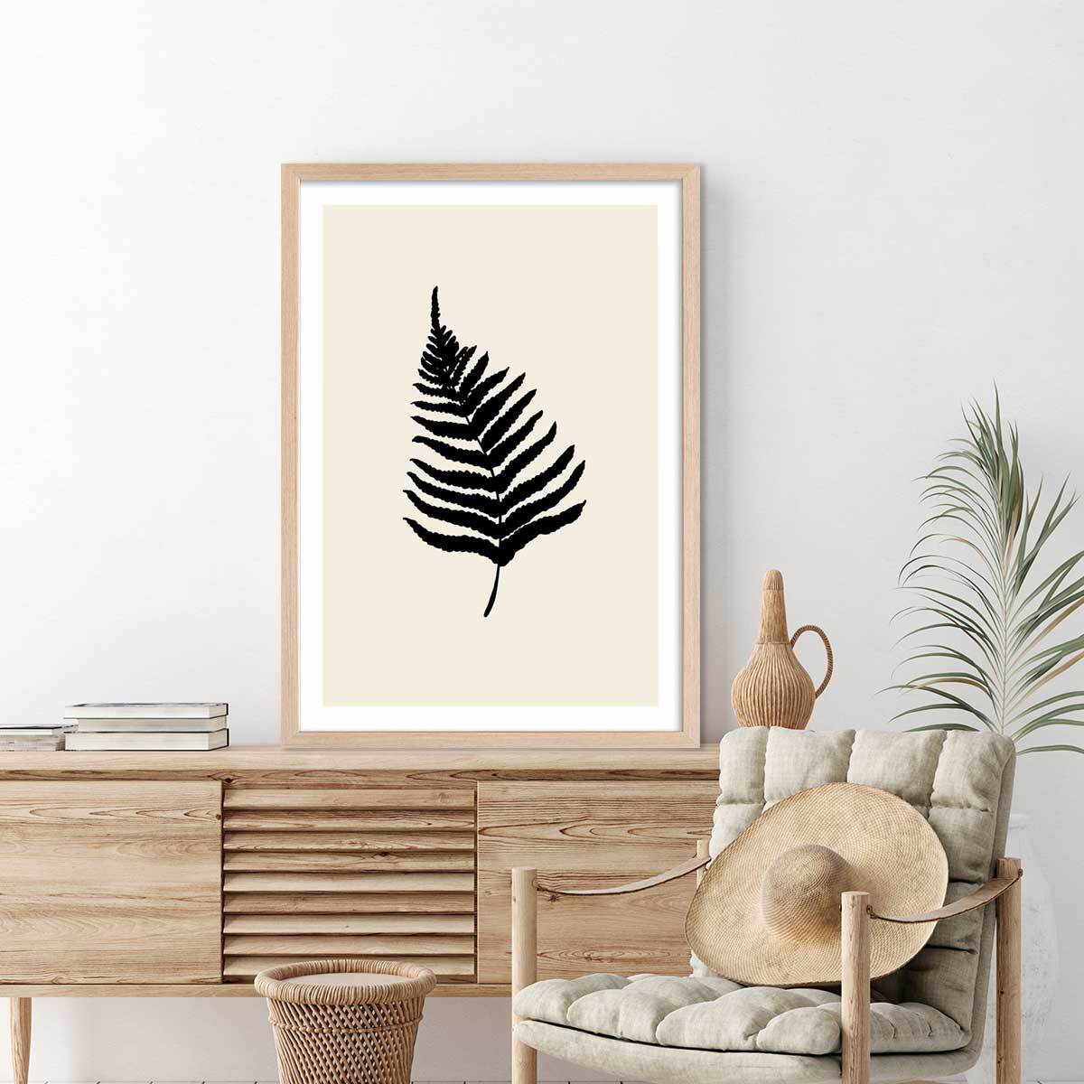 Affiche deco black fougères Affiche + cadre en bois - Chêne