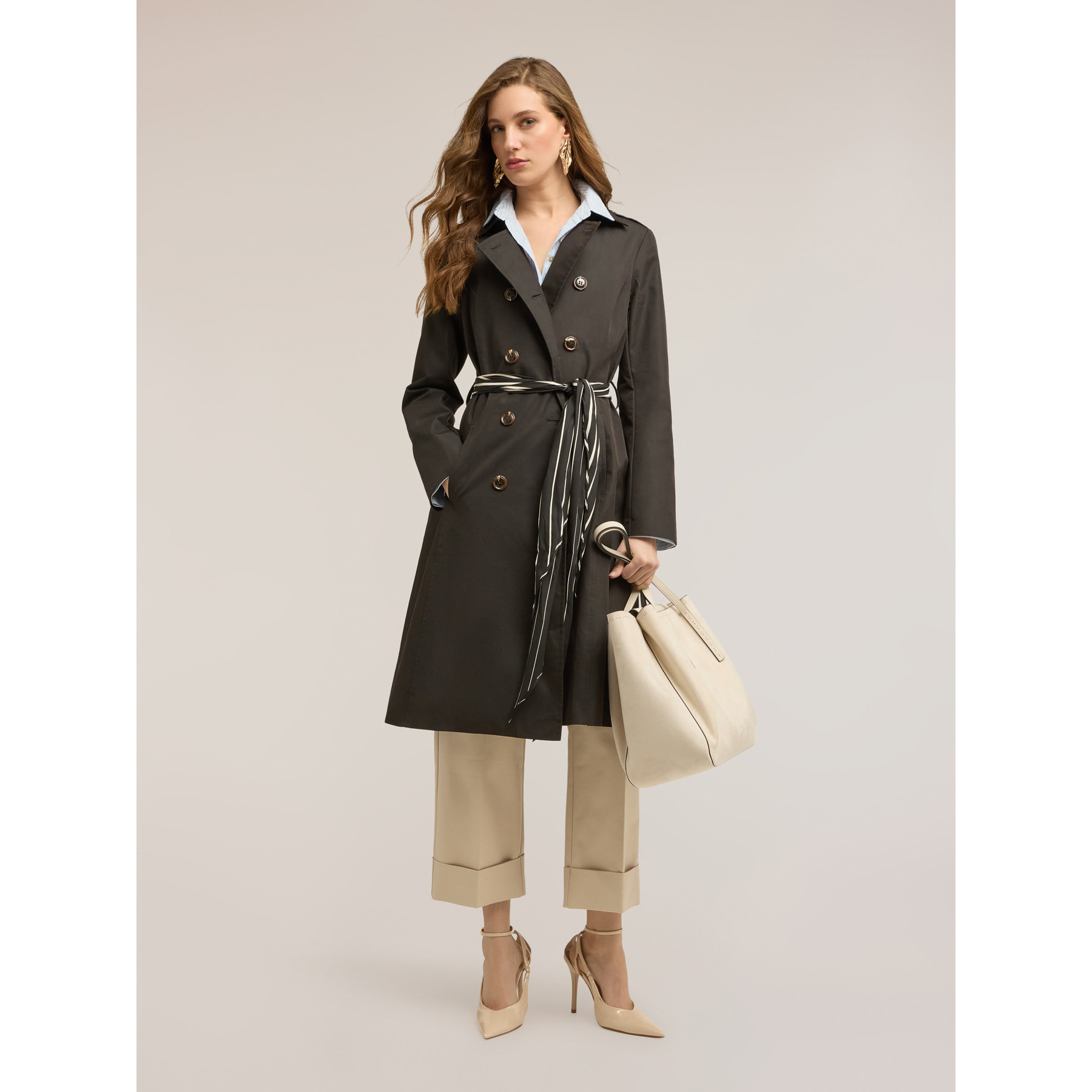 Motivi - Trench en drill de mezcla de algodón con doble cinturón - Negro