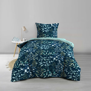 Parure de lit 2 pièces 100 % coton imprimé à motif végétal housse + taie - Bleu