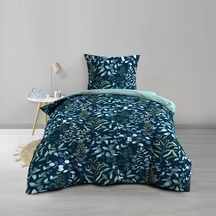 Parure de lit 2 pièces 100 % coton imprimé à motif végétal housse + taie - Bleu