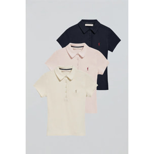 Pack mujer de tres polos azul marino, color crudo y rosa con logo Rigby Go