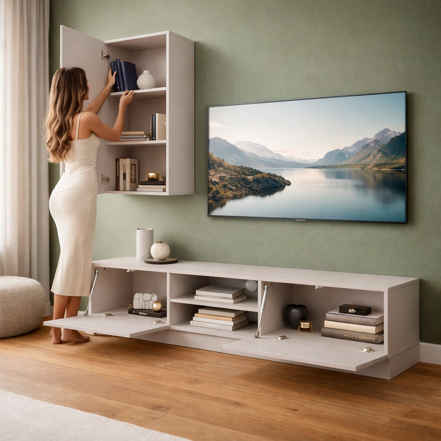 Parete Attrezzata Mobile Porta TV Colonna Ante Push Open Vani Aperti Soggiorno Design Geometrico Moderno 180 x 45 x 180 Cm Cashmere Con Effetto Righe