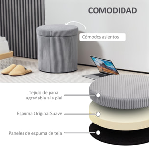 Puff Almacenaje Baúl de Almacenaje Redondo Tapizado en Pana Asiento Acolchado Tapa Extraíble para Pasillo Dormitorio Salón Ø40x41 cm Gris Claro