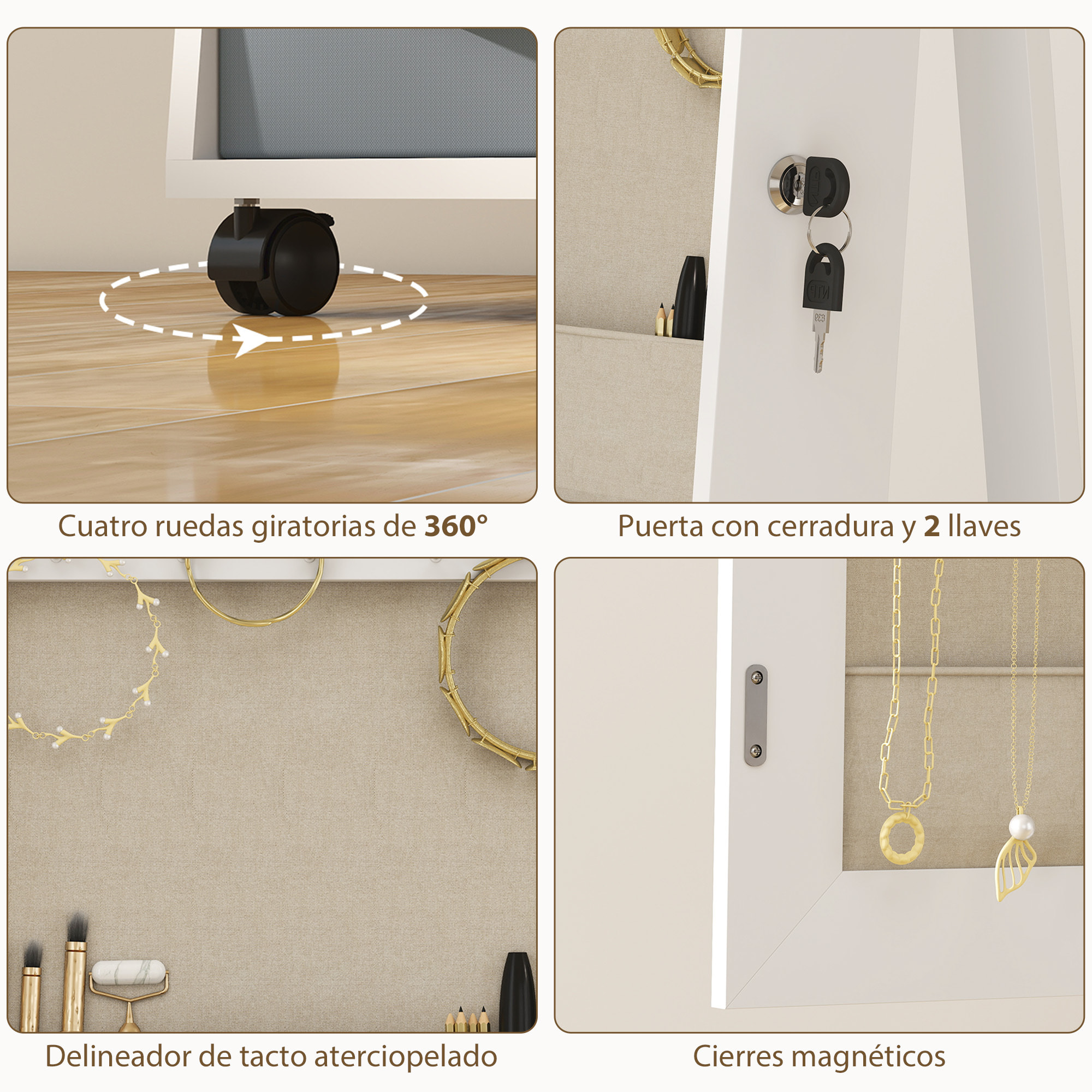 Espejo Joyero con Luces LED Interior, Armario para Joyas con Ruedas, Armario Joyero con Espejo Entero, Giratorio de 360°, Estantes Abiertos, Cajones de Tela, Blanco