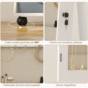 Espejo Joyero con Luces LED Interior, Armario para Joyas con Ruedas, Armario Joyero con Espejo Entero, Giratorio de 360°, Estantes Abiertos, Cajones de Tela, Blanco