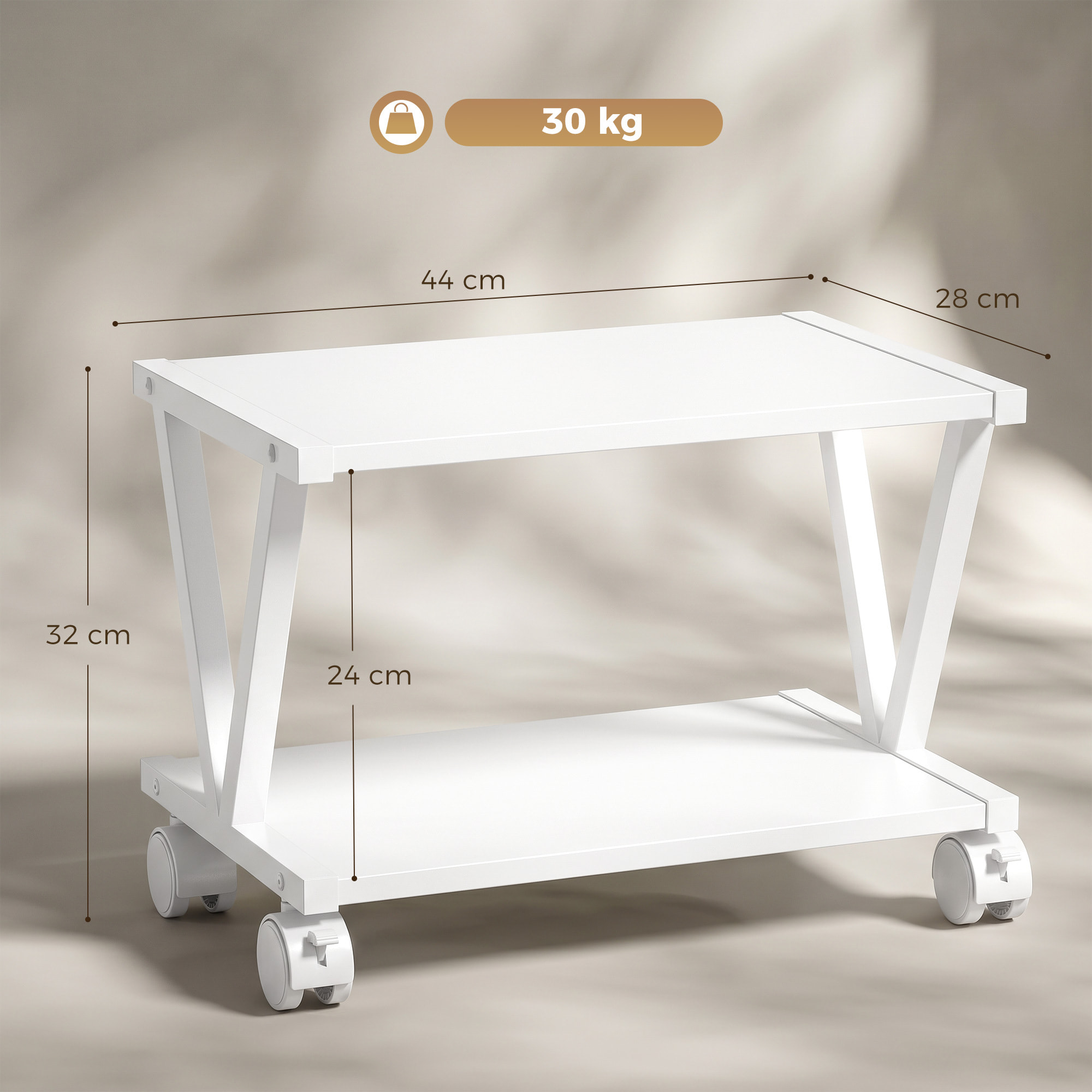 Soporte para Impresora de 2 Niveles con Ruedas Bloqueables, Mueble para Impresora con Marco Metálico en V, Estante Multiusos Bajo Escritorio para Oficina, Casa, Blanco