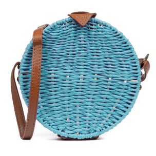 IRIA QUINTANA Borsa a tracolla da donna Cuneo. Tessuto Paglia Pelle Sintetica PU 18x4x18 Cm. Azzurro