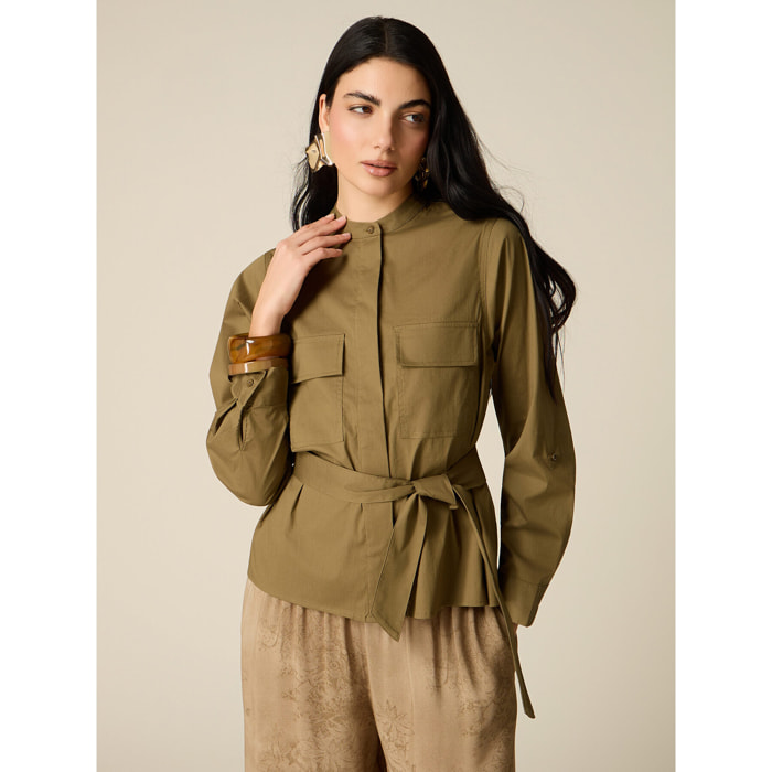 Oltre - Camisa de popelín con cinturón - Verde militare