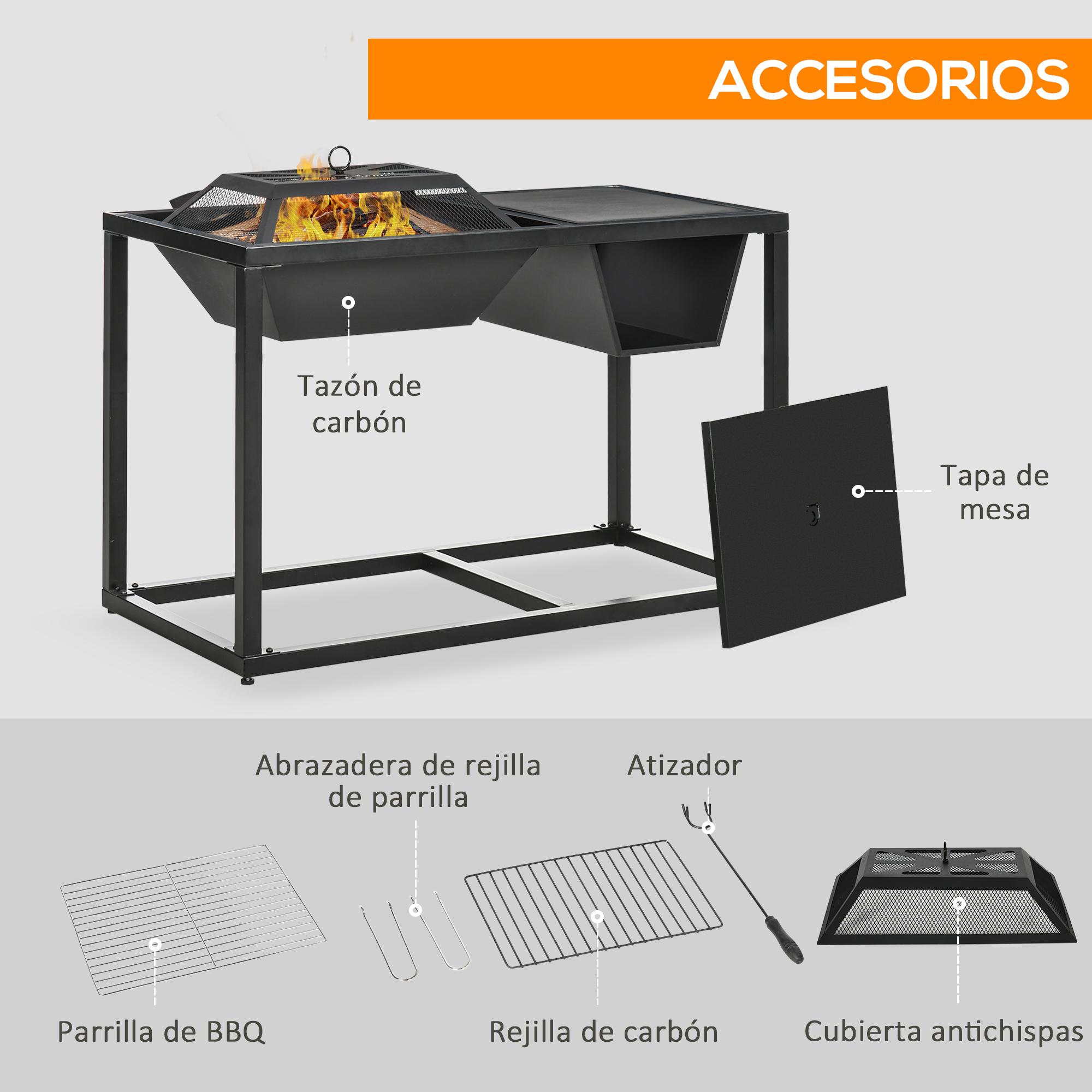 4 en 1 Brasero Exterior de Acero Galvanizado para Jardín Barbacoa de Leña Enfriador de Cubitos de Hielo Mesa de Jardín con Rejilla Protector de Chispas y Atizador 100x46,5x64 cm Negro