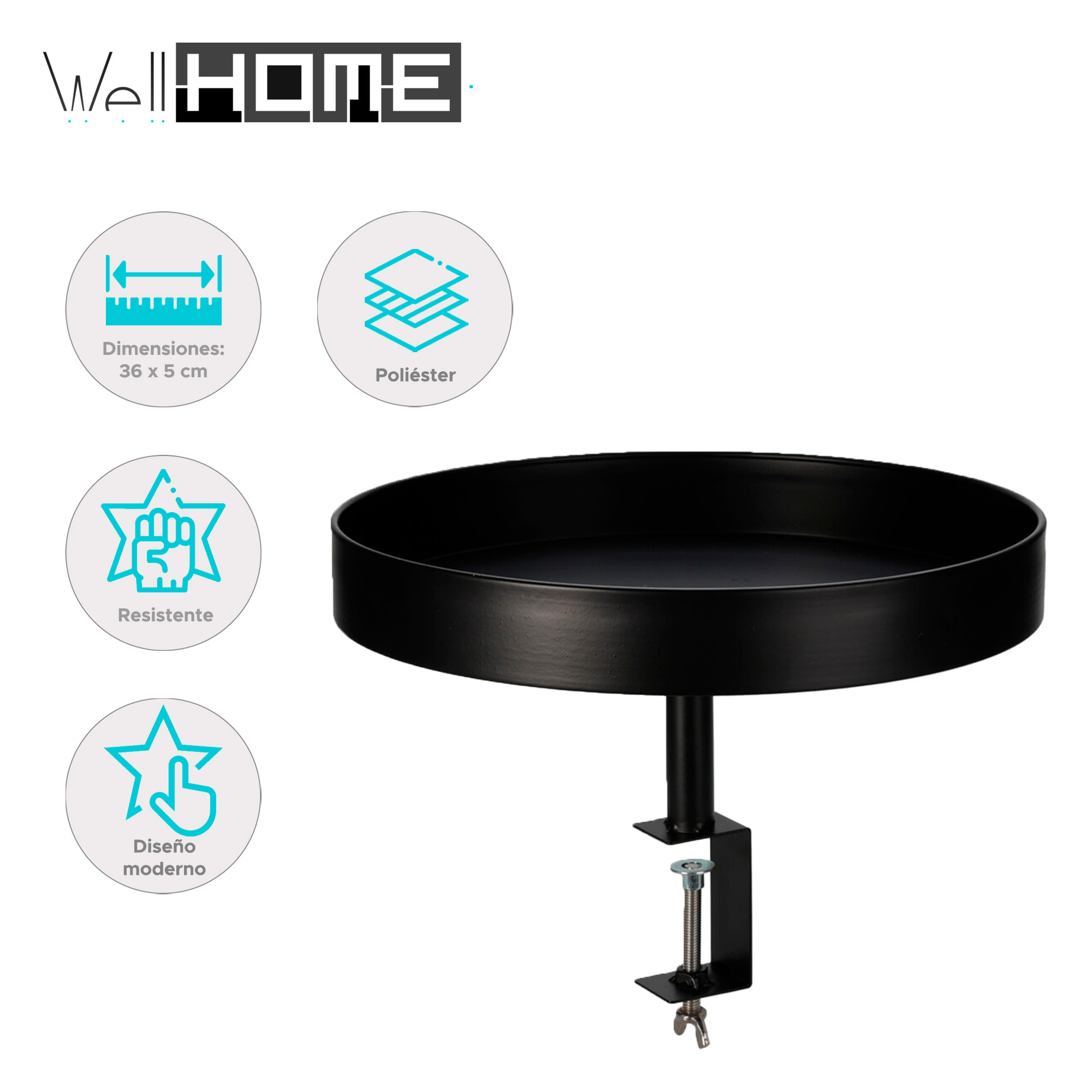 Bandeja redonda de metal pintado en negro - ø 36cm, profundidad 5cm - con tornillo de sujeción