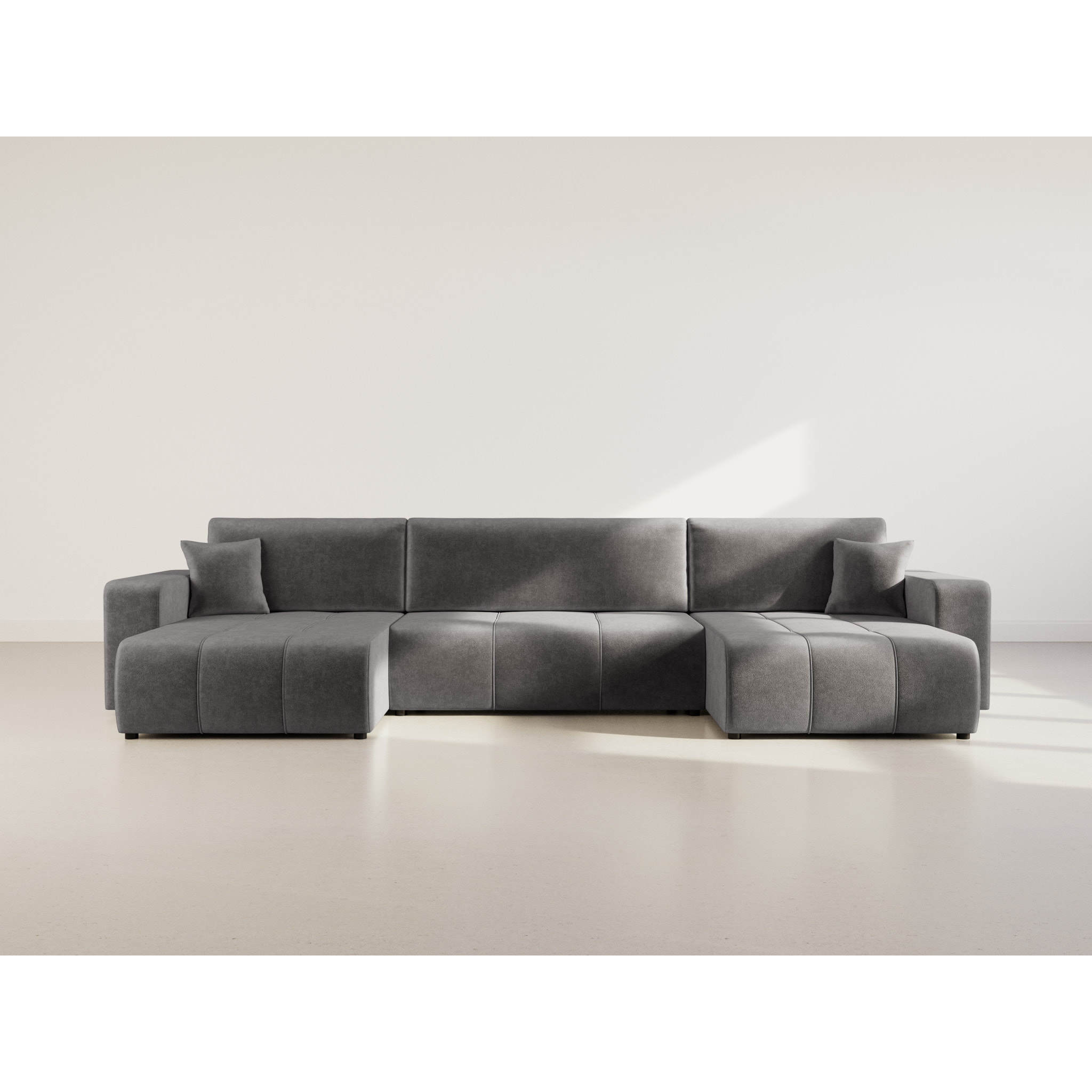 Nicole - Canapé panoramique en U 7 places convertible avec coffre en tissu - Gris