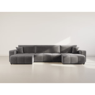 Nicole - Canapé panoramique en U 7 places convertible avec coffre en tissu - Gris