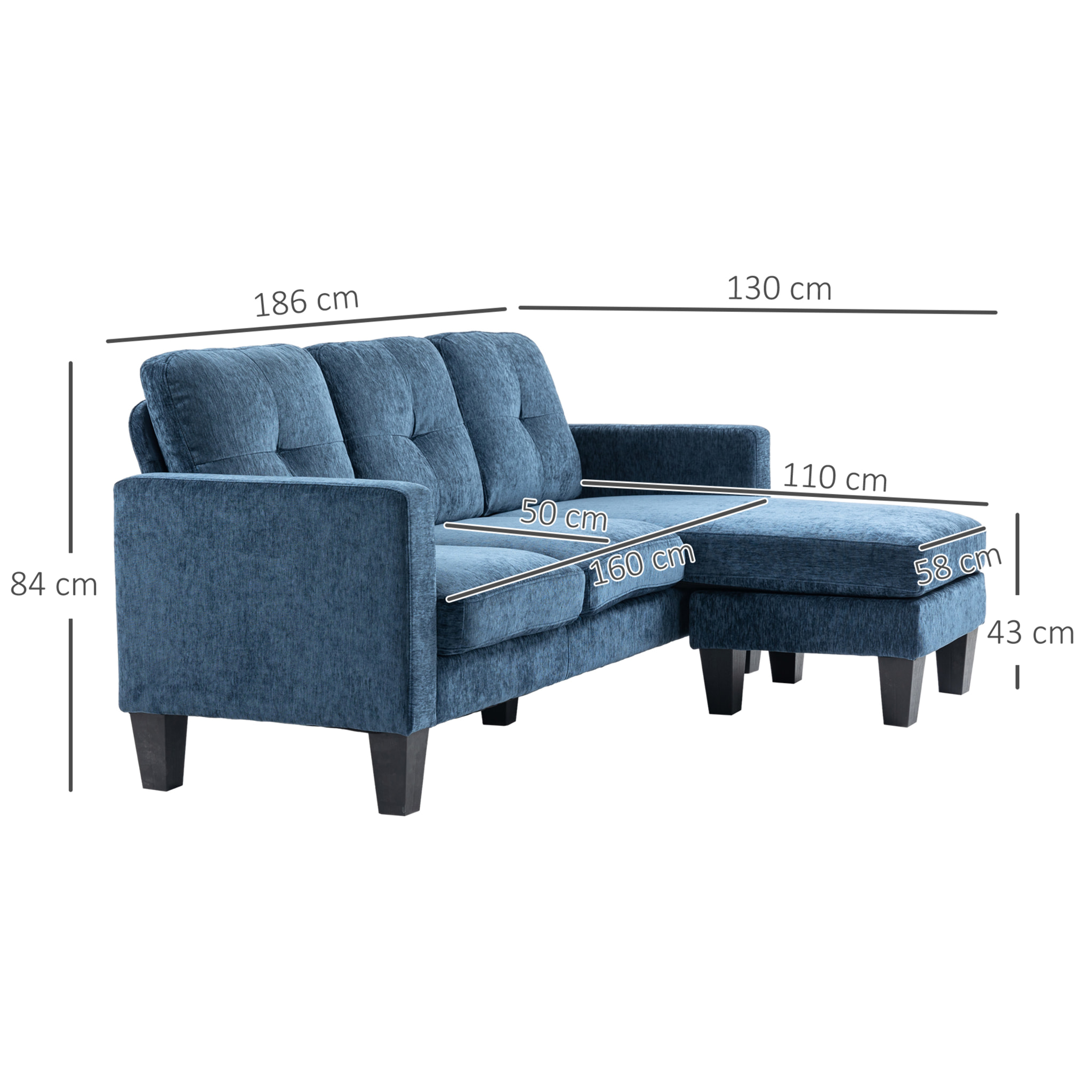 Sofá Esquinero Sofá en Forma de L Tapizado en Poliéster Chaise Longue Reversible con 3 Cojines para Salón Carga 180 kg 186x130x84 cm Azul